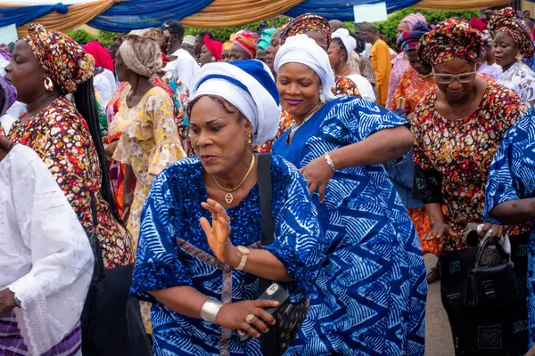 stock image Women dance in a celebration mood at the palace during the Pulsating annual Odun Oba Festival in Ikere Kingdom, Ekiti State, Nigeria August 3 2024.