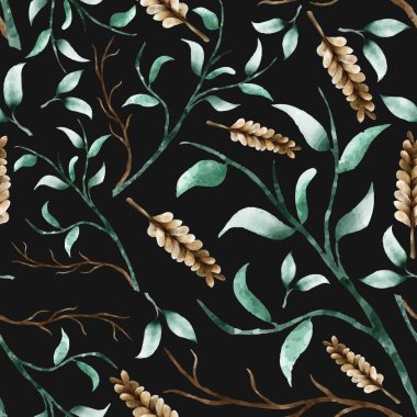 Siyah arka planda suluboya yaprakları ve çiçekleri olan kusursuz bir desen..