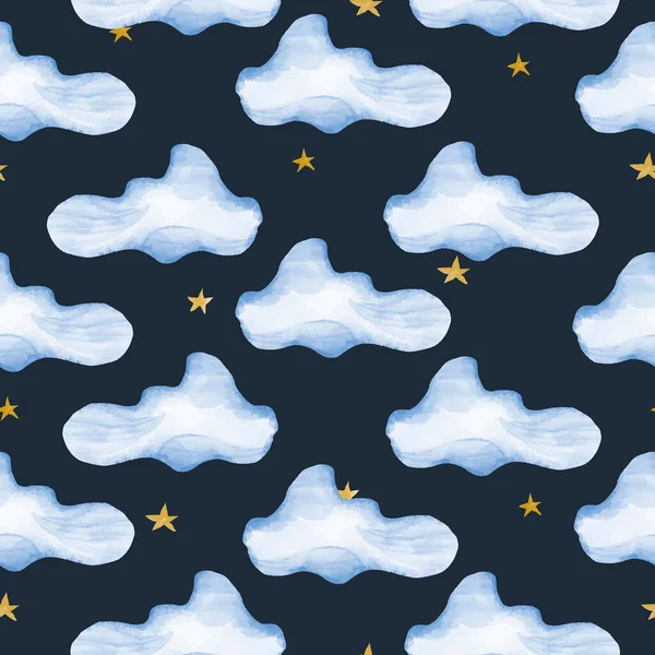 Patrón Sin Costuras Con Nubes Estrellas Sobre Fondo Oscuro — Vector de stock