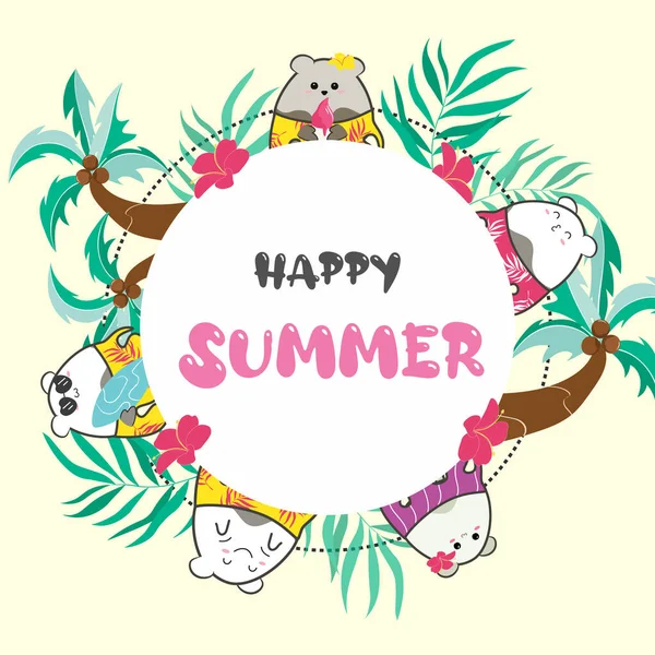 Poster Van Schattige Doodle Dieren Met Palmboom Woorden Happy Summer — Stockvector