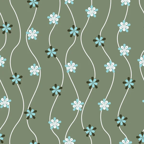Vector Handgezeichnete Wellige Streifen Nahtloses Muster Mit Niedlichen Kleinen Blüten — Stockvektor