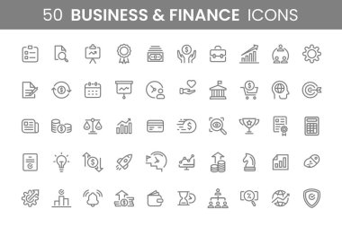 50 İş ve Finans Simgesi. Çizgi Tasarım Tarzı. Basit Vektör Mükemmel Resimler.
