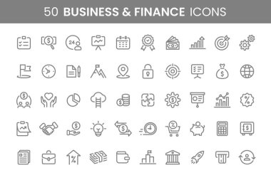 50 İş ve Finans Simgesi. Çizgi Tasarım Tarzı. Basit Vektör Mükemmel Resimler.