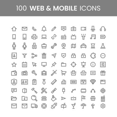 100 Web ve Mobil Simgeler. Çizgi Tasarım Tarzı. Vektör Resimleri.