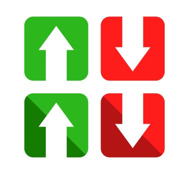 Kırmızı aşağı yeşil ok simgesi işareti vektörü dikdörtgen şeklinde izole edildi. Kripto para birimi, hisse senedi ve ön ödeme yatırım ticaret analizi.