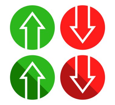 Kırmızı aşağı yeşil ok simgesi işareti vektörü daire şeklinde izole edildi. Kripto para birimi, hisse senedi ve ön ödeme yatırım ticaret analizi.