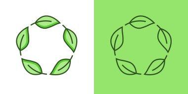 Geri dönüşüm yaprağı dairesel düz ve dış hat ikon tasarım vektörü. Temiz enerji ekolojisi sürdürülebilirlik sembolü gösterimi.