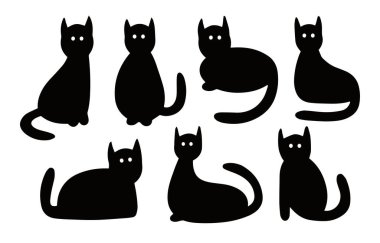 Kara kedi karalama koleksiyonu çizim vektörü. Güzel siluetler, hayvan tasarımı..