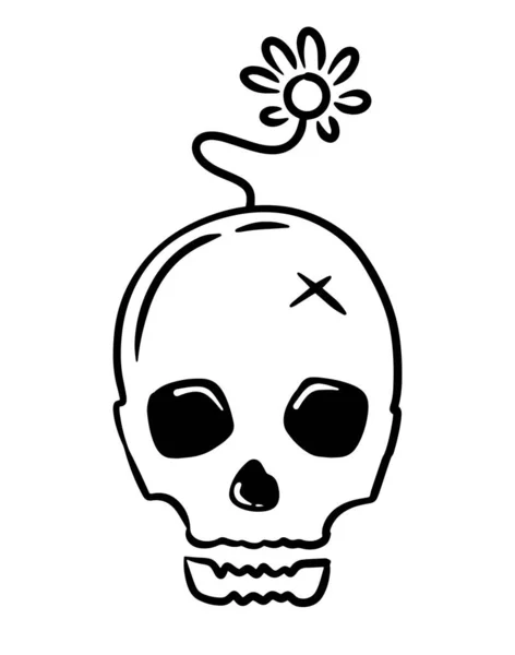 Crâne Dessin Main Illustration Conception Avec Fleur Poussent Sur Tête — Image vectorielle