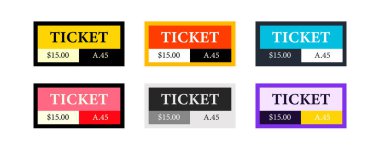 Eğlence bileti vektör tasarım şablonu. Olay makbuzu geçiş sembolü. Altı renk konsepti.