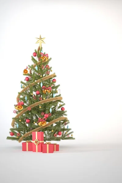 コピースペースと白の垂直背景に赤と金の装飾品や赤のギフトボックスとクリスマスツリー ヘッダーやバナーデザインレンダリングイラストのための3Dクリスマスの背景コンセプト — ストック写真