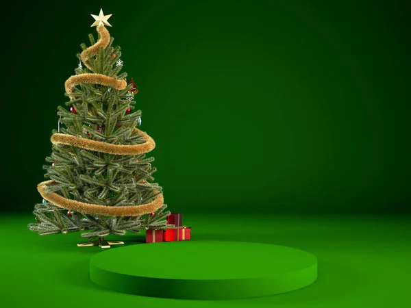 3Dクリスマスの緑の表彰台やクリスマスツリー 製品表示のための新年のコンセプトシーンレンダリングとステージの背景は 化粧品を表示するスタンド ショーケースデザインイラスト — ストック写真