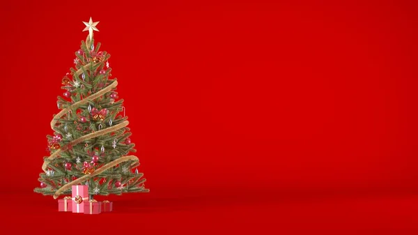 赤や金の装飾で飾られたクリスマスツリーやコピースペースと赤の背景に提示します ヘッダーやバナーデザインのためのクリスマスの背景コンセプト3Dレンダリングイラスト — ストック写真