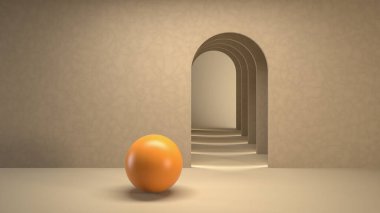 3D sürreal canlandırma. Kum rengi kemerler ve turuncu toplu soyut, minimal boş oda sahnesi. Yüksek kalite resimleme, Stüdyo oluşturma