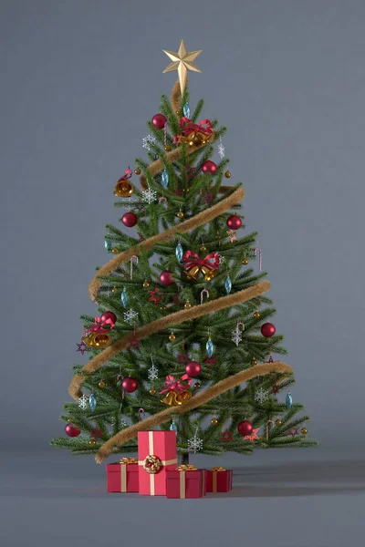 Karácsonyfa Díszített Piros Arany Dísztárgyak Piros Ajándék Dobozok Sötét Szürke — Stock Fotó