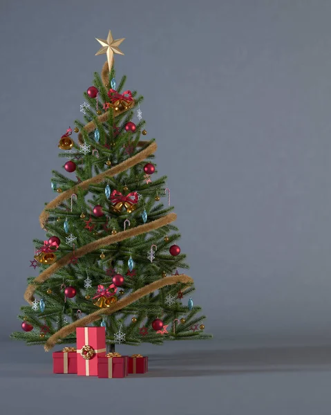 Kerstboom Versierd Met Rode Gouden Ornamenten Rode Geschenkdozen Donkergrijze Verticale — Stockfoto