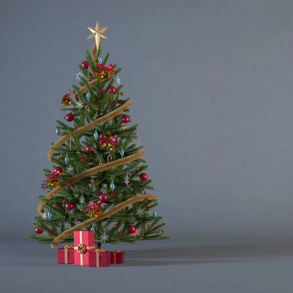 圣诞树上装饰着红色和金色的装饰品和深色灰色正方形背景的礼物 社交媒体设计的圣诞背景概念3D演示 — 图库照片