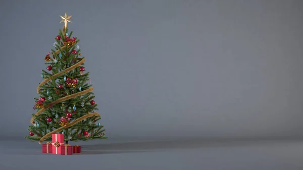 Kerstboom Donkergrijze Achtergrond Versierd Met Rode Gouden Ornamenten Cadeautjes Kopieerruimte — Stockfoto