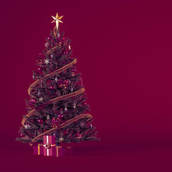 Kerstboom Bordeauxrode Achtergrond Kerst Achtergrond Concept Met Ornamenten Cadeautjes Voor — Stockfoto