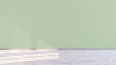 Açık yeşil duvarlı boş bir bebek odası ve üç boyutlu resimli bir odanın penceresinden güneş ışığı..