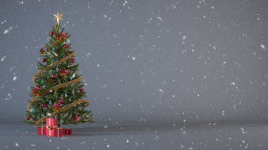 Mevcut kutular ve süslerle süslenmiş Noel ağacı kar ve fotokopi alanlarıyla dolu gri bir zemin üzerinde. Başlık veya afiş tasarımı için hediyeli karlı Noel arkaplan konsepti 3D resimleme.