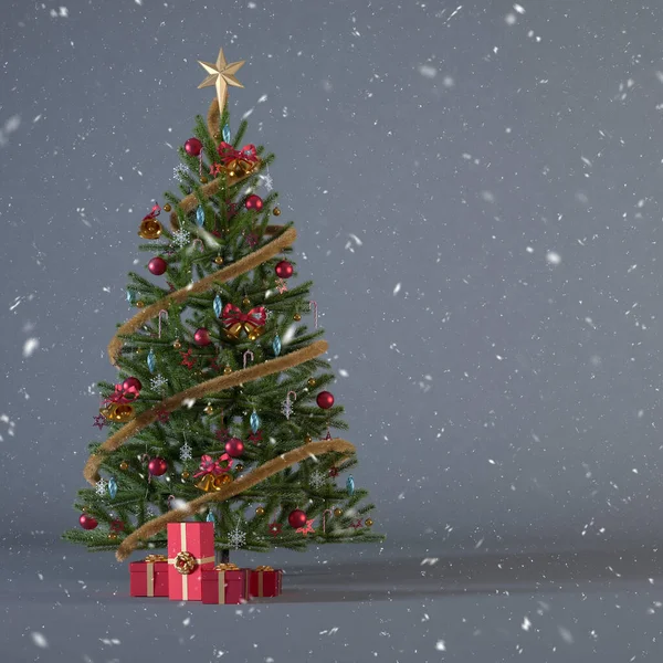 圣诞树用礼物盒和装饰品装饰在灰色的正方形背景上 上面有雪和复制的空间 雪的圣诞背景概念与礼物社交媒体设计3D渲染 — 图库照片