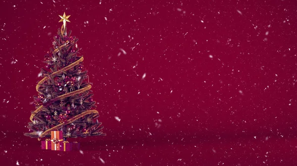 圣诞树装饰着礼物盒和装饰在勃艮第背景上的雪和复制空间 带头饰或横幅设计礼物的圣诞背景概念3D渲染 — 图库照片