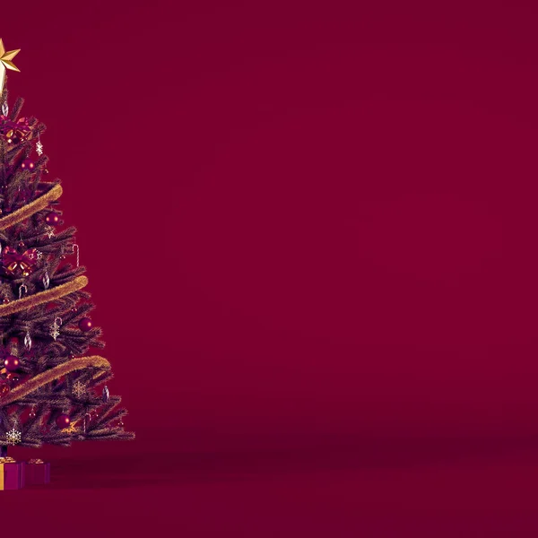 圣诞树与礼物盒和装饰品紧密相连在灰色的正方形背景上 雪地密布 还有复制的空间 雪的圣诞背景概念与礼物社交媒体设计3D渲染 — 图库照片