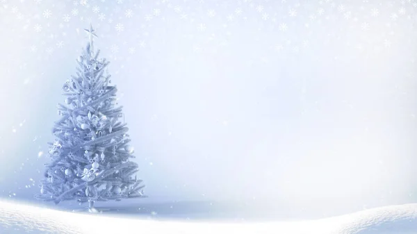 コピースペースの白い背景に雪の結晶を持つ白いクリスマスツリー グリーティングカードデザインのための雪のクリスマスの背景コンセプト3Dレンダリングイラスト — ストック写真