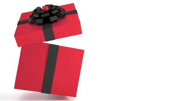 落下来的红色礼品盒 带有黑色缎带和弓形 与白色背景和复制空间隔离 空运礼品盒 新年快乐 购物横幅 销售理念 — 图库照片