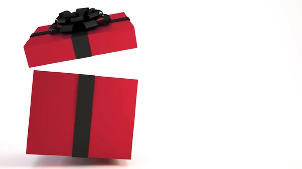 黒いリボンと白い背景とコピースペースに隔離された弓で暗い赤のギフトボックスに該当します 空飛ぶギフトボックス プレゼント 幸せな新年 クリスマス 誕生日 ショッピングバナー 販売コンセプト — ストック写真