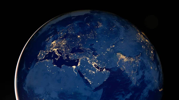 Планета Земля Ночью Черном Фоне Городские Огни Африки Европы Ближнего — стоковое фото