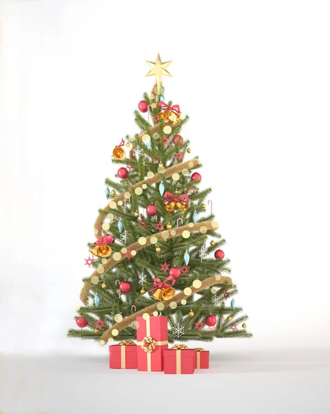 赤と金の装飾が施されたクリスマスツリーと ボケ効果のある白い縦の背景に赤いギフトボックス ヘッダーやバナーデザインレンダリングイラストのための3Dクリスマスの背景コンセプト — ストック写真