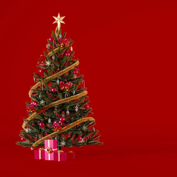 圣诞树上装饰着红色和金色的饰物和礼物 背景是深红色的正方形 社交媒体设计的圣诞背景概念3D演示 — 图库照片