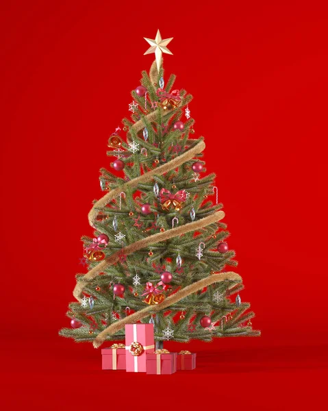 赤の垂直背景に赤や金の装飾品や赤のギフトボックスで飾られたクリスマスツリー バナーデザインのためのクリスマスの背景コンセプト3Dレンダリングイラスト — ストック写真