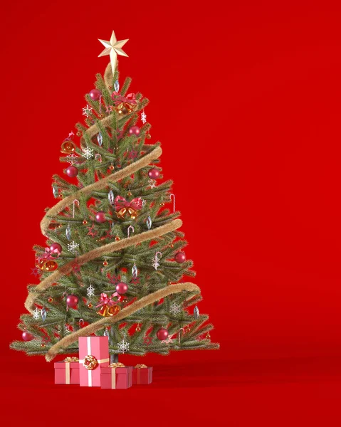 コピースペースと赤の垂直背景に赤と金の装飾品や赤のギフトボックスで飾られたクリスマスツリー バナーデザインのためのクリスマスの背景コンセプト3Dレンダリングイラスト — ストック写真