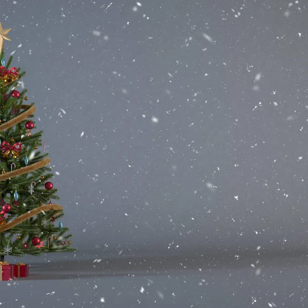 雪とコピースペースとグレーの正方形の背景に現在の箱や装飾品でクリスマスツリーを閉じます ソーシャルメディアのポストデザインのための贈り物と雪のクリスマスの背景の概念3Dレンダリング — ストック写真