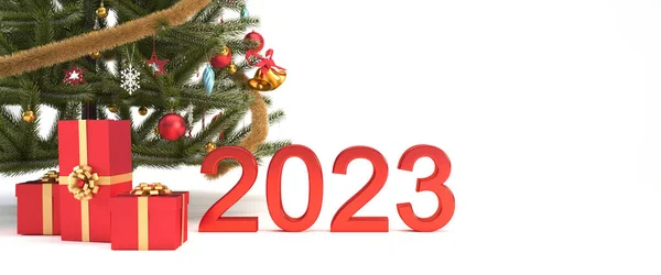 2023 Feliz Año Nuevo Fondo Blanco Con Árbol Navidad Cajas — Foto de Stock