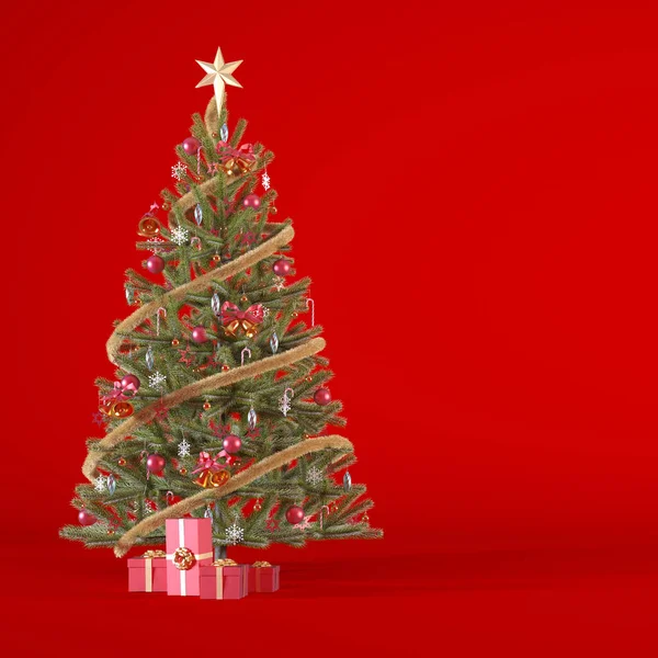 Різдвяна Ялинка Прикрашена Червоними Золотими Прикрасами Подарунками Червоному Квадратному Тлі — стокове фото