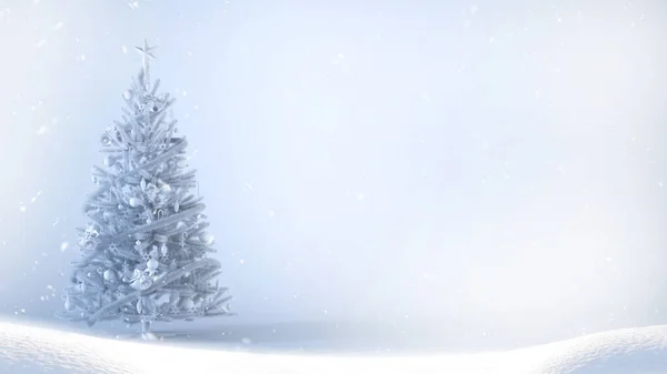 コピースペースの白い背景に雪の白いクリスマスツリー グリーティングカードデザインのための雪のクリスマスの背景コンセプト3Dレンダリングイラスト — ストック写真