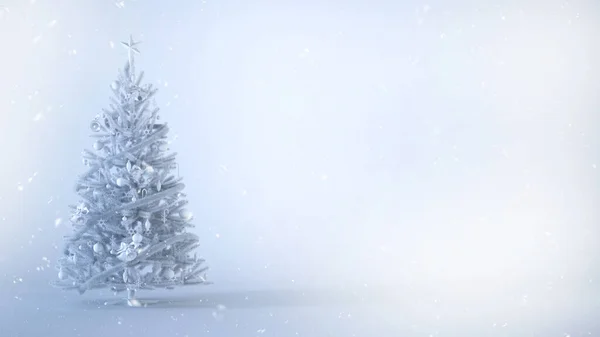 コピースペースの白い背景に雪の白いクリスマスツリー グリーティングカードデザインのための雪のクリスマスの背景コンセプト3Dレンダリングイラスト — ストック写真