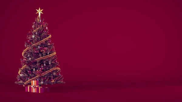 Різдвяна Ялинка Прикрасами Подарунковими Коробками Копією Простору Бордовому Фоні Концепція — стокове фото