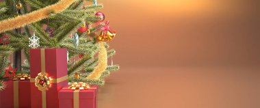 Kırmızı hediye kutuları ve fotokopi alanlarıyla noel ağacı altın arka planını kapatın. Mutlu yıllar ya da mutlu noeller başlığı ya da afiş konsepti 3D çizim.