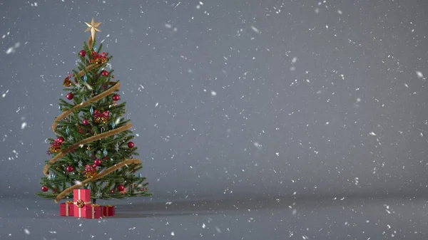雪とコピースペースと灰色の背景にプレゼントボックスや装飾品で飾られたクリスマスツリー ヘッダやバナーデザインのための贈り物と雪のクリスマスの背景のコンセプト3Dレンダリングイラスト — ストック写真