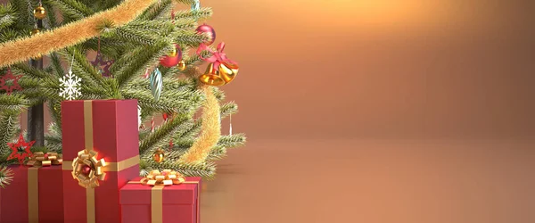 赤いギフトボックスとコピースペースでクリスマスツリーの金の背景を閉じます 新年や陽気なクリスマスヘッダーやバナーのコンセプト3Dレンダリングイラスト — ストック写真