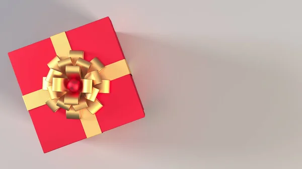 Κάτοψη Του Κόκκινου Κουτιού Δώρου Χρυσή Κορδέλα Και Φιόγκο Λευκό — Φωτογραφία Αρχείου