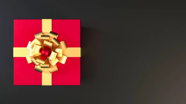 红色礼品盒顶部 金丝带和弓隔离在黑色背景和复制空间 赠送礼物 新年快乐 圣诞节 情人节 销售理念 — 图库照片