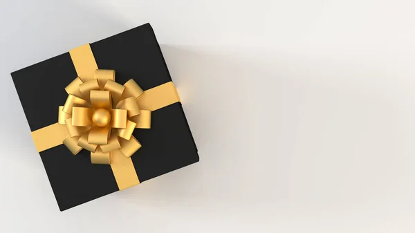 顶部的黑色礼品盒与金色缎带和弓隔离在白色背景和复制空间 赠送礼物 新年快乐 圣诞节 情人节 销售理念 — 图库照片