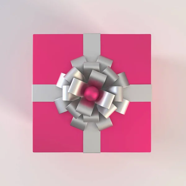 Vista Superior Caja Regalo Color Rosa Con Cinta Plata Arco — Foto de Stock