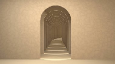 3d Surreal Render, Soyut Arch Tüneli Sahne Arkaplanı, Kum Renkli Pastel Tonlar Archs Ürün Görünümü. Stüdyo resimleme.